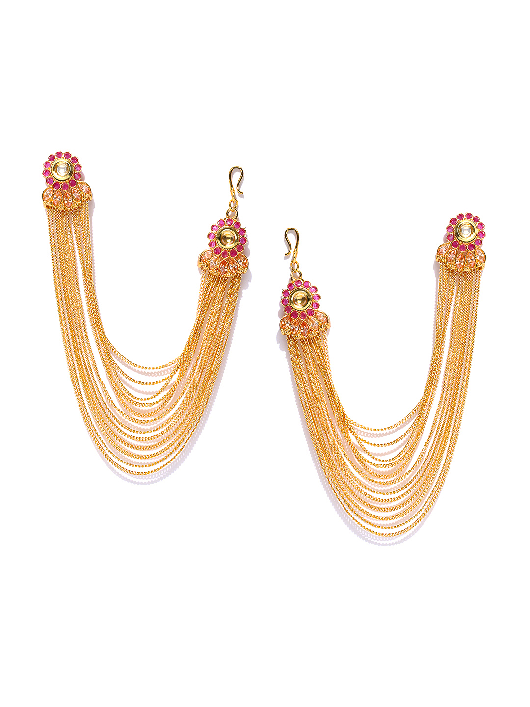 YouBella Gold-Toned  Pink Floral Studs with Ear Chains